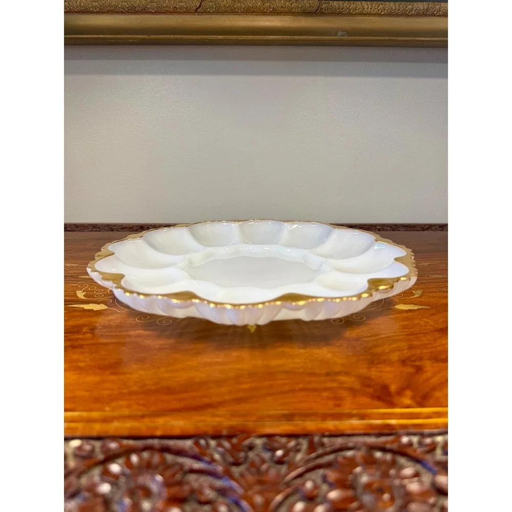 Vintage Milk Glass Deviled Egg Platter • Scalloped Gold Trim Serving Tray